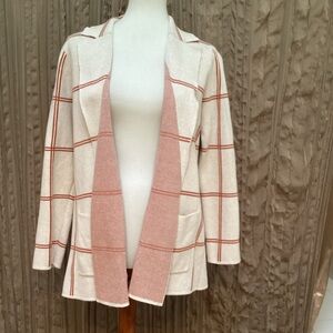 LOFT knit plaid long jacket, open front, pockets, collar, medium